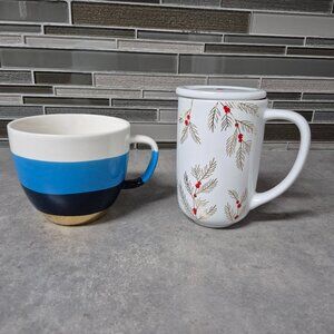 Davids Tea Mugs Blue Stripe and White with Gold Boughs and Red Berries and Lid